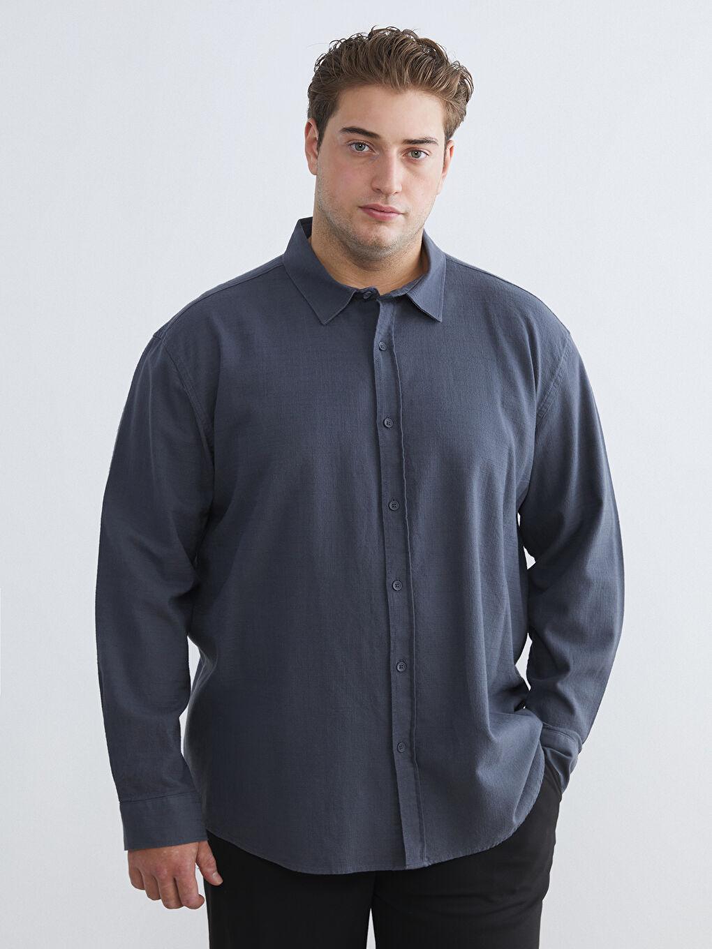 Büyük Beden Regular Fit Uzun Kollu Keten Görünümlü Erkek Gömlek-1