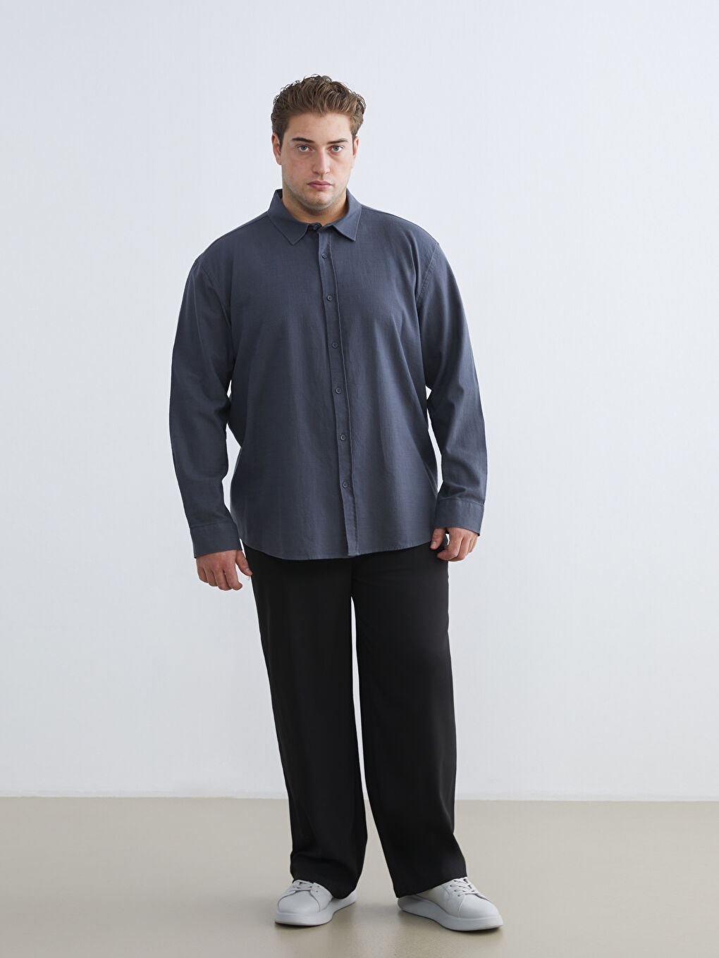 Büyük Beden Regular Fit Uzun Kollu Keten Görünümlü Erkek Gömlek-5