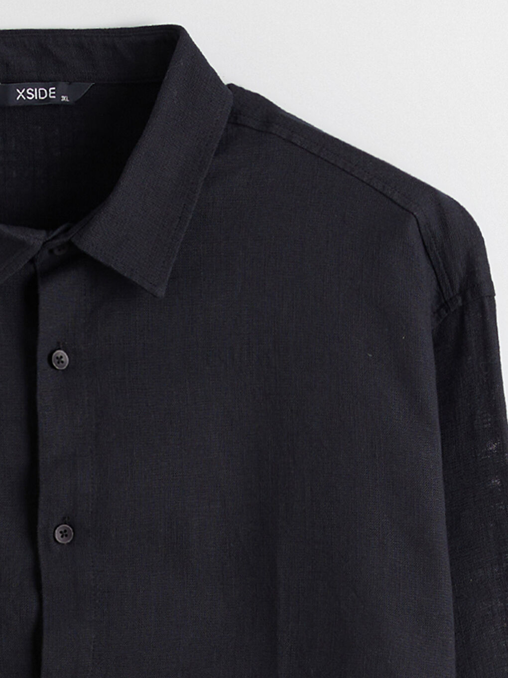 Siyah Büyük Beden Regular Fit Uzun Kollu Keten Görünümlü Erkek Gömlek-5