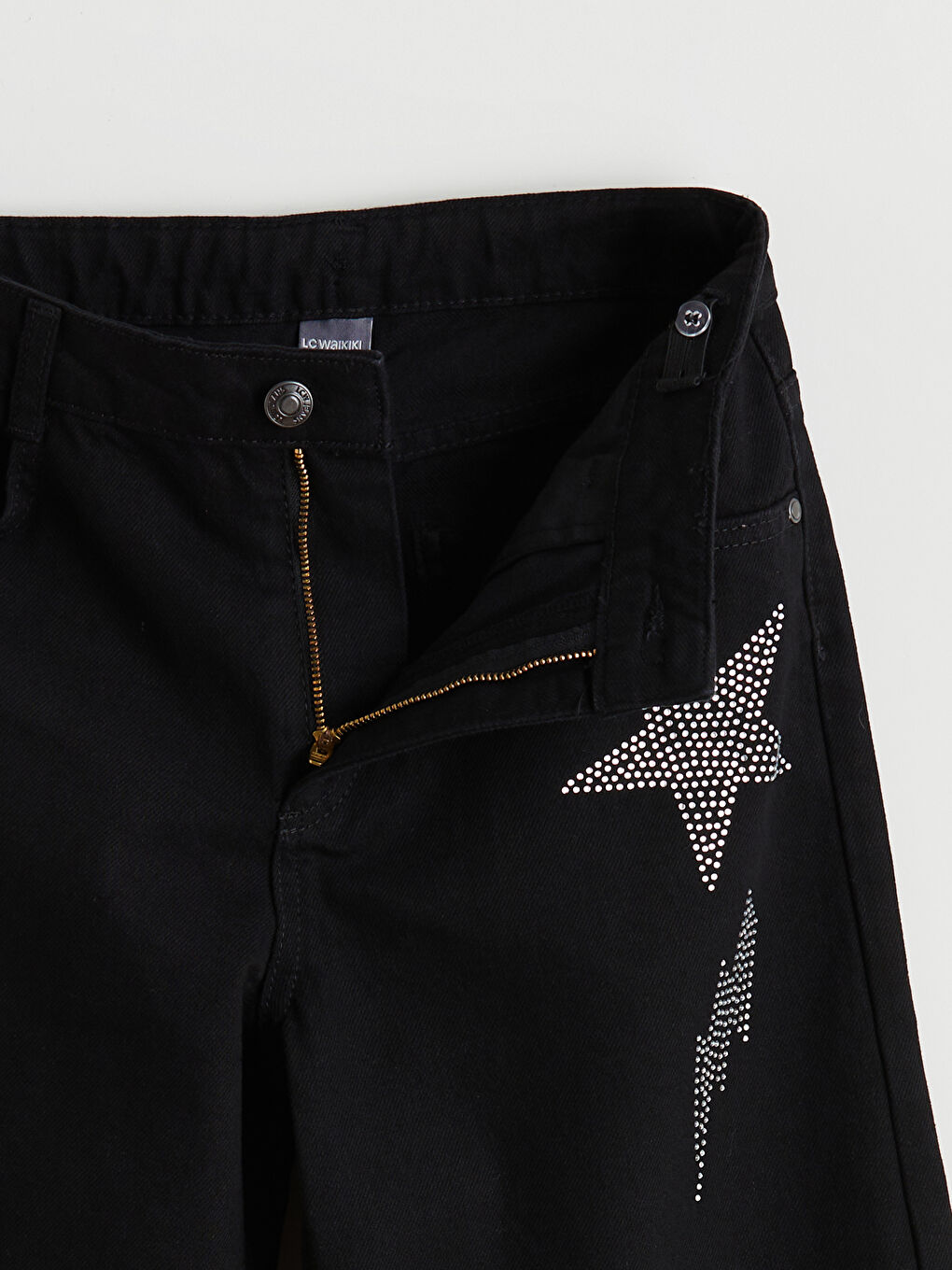 Siyah Wideleg Taşlı Kız Çocuk Jean Pantolon-2