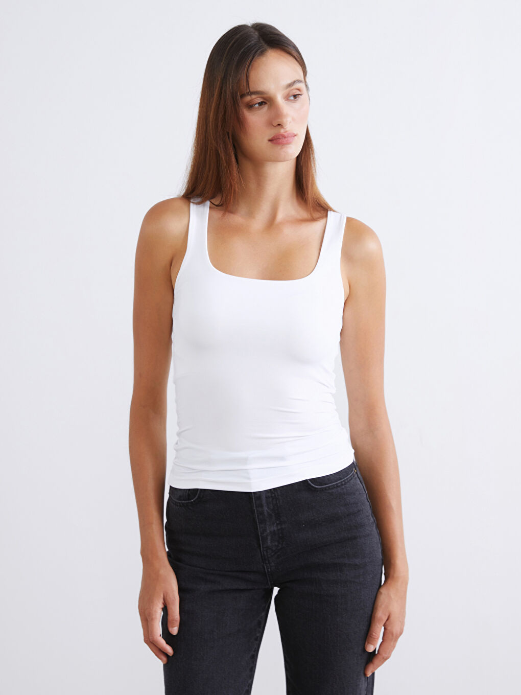 Beyaz Kare Yaka Kadın Atlet 2'li-3