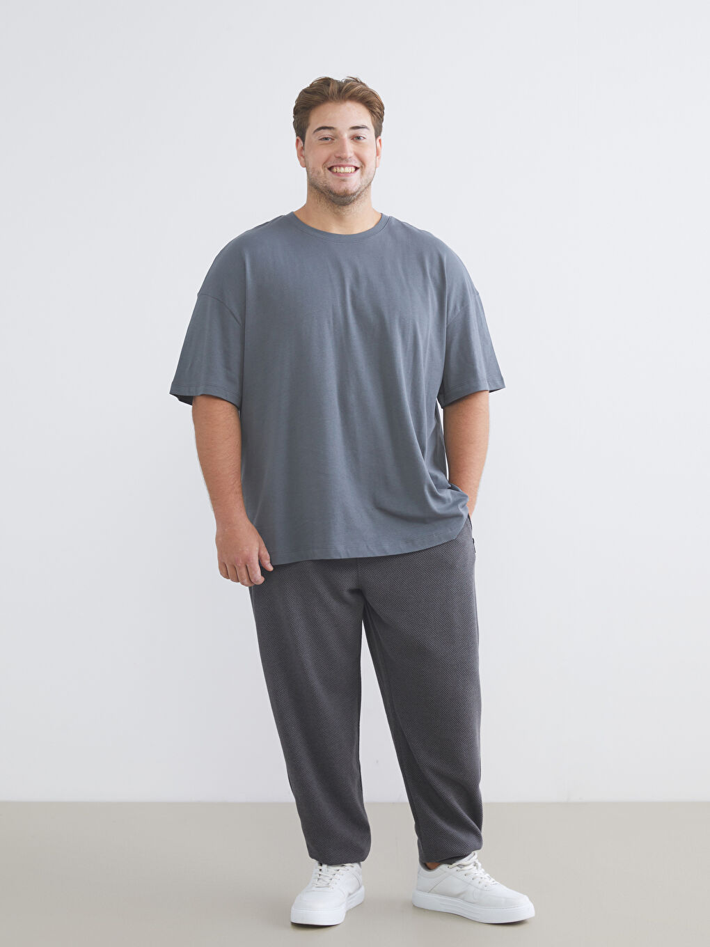 Gri Büyük Beden Basic Penye Erkek Tişört-3