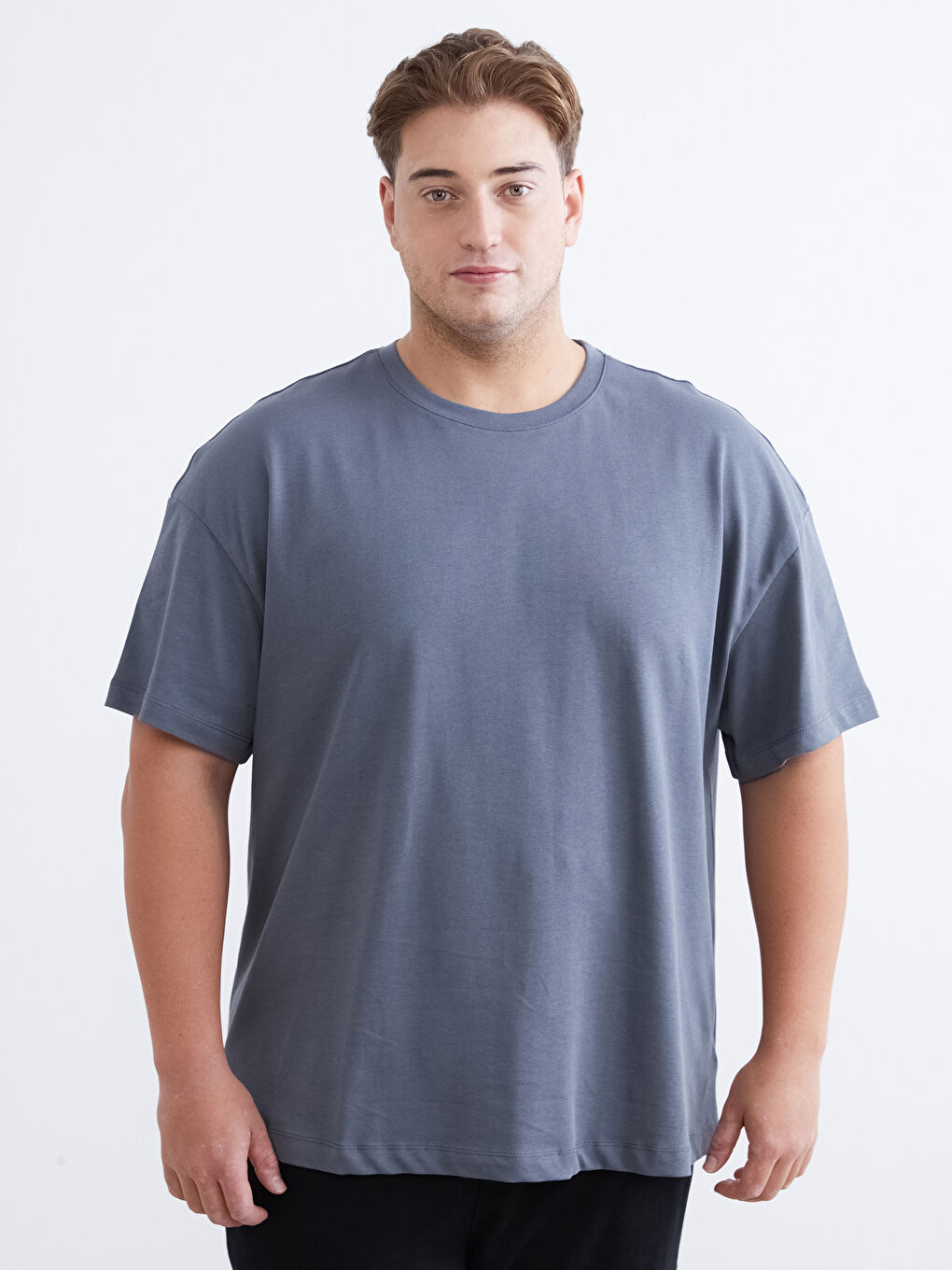 Gri Büyük Beden Basic Penye Erkek Tişört-1