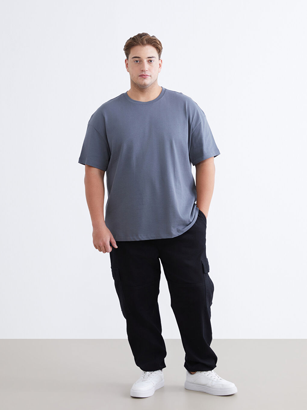 Gri Büyük Beden Basic Penye Erkek Tişört-2