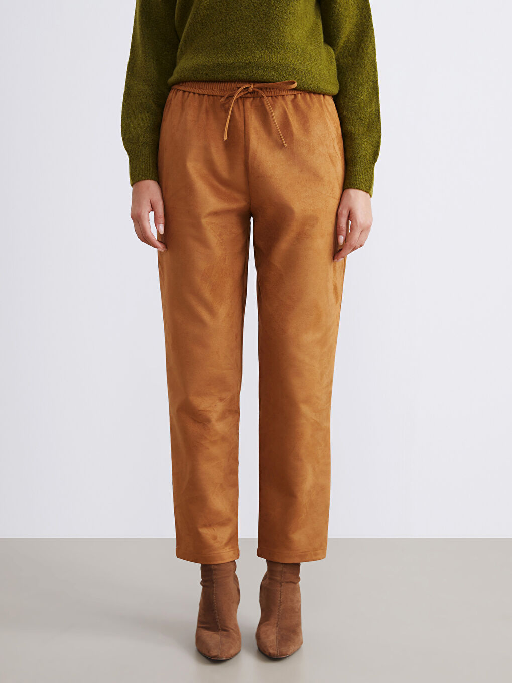 Elastic Waist Suede Look Women's Trousers-1