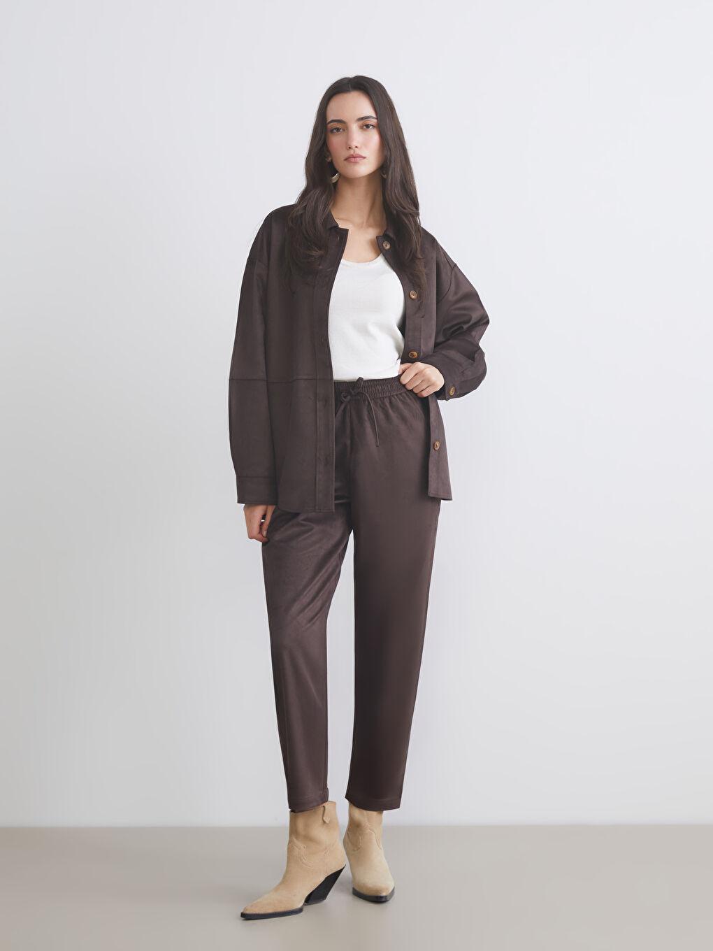 Elastic Waist Suede Look Women's Trousers