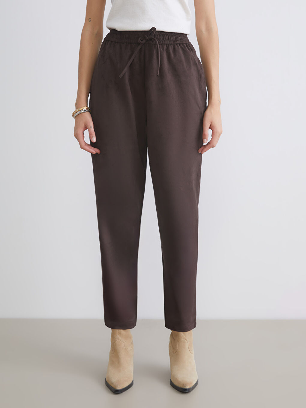 Elastic Waist Suede Look Women's Trousers-1