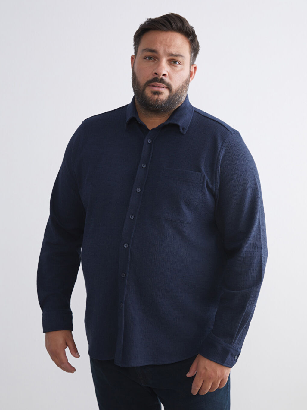 Lacivert Büyük Beden Dokulu Erkek Gömlek