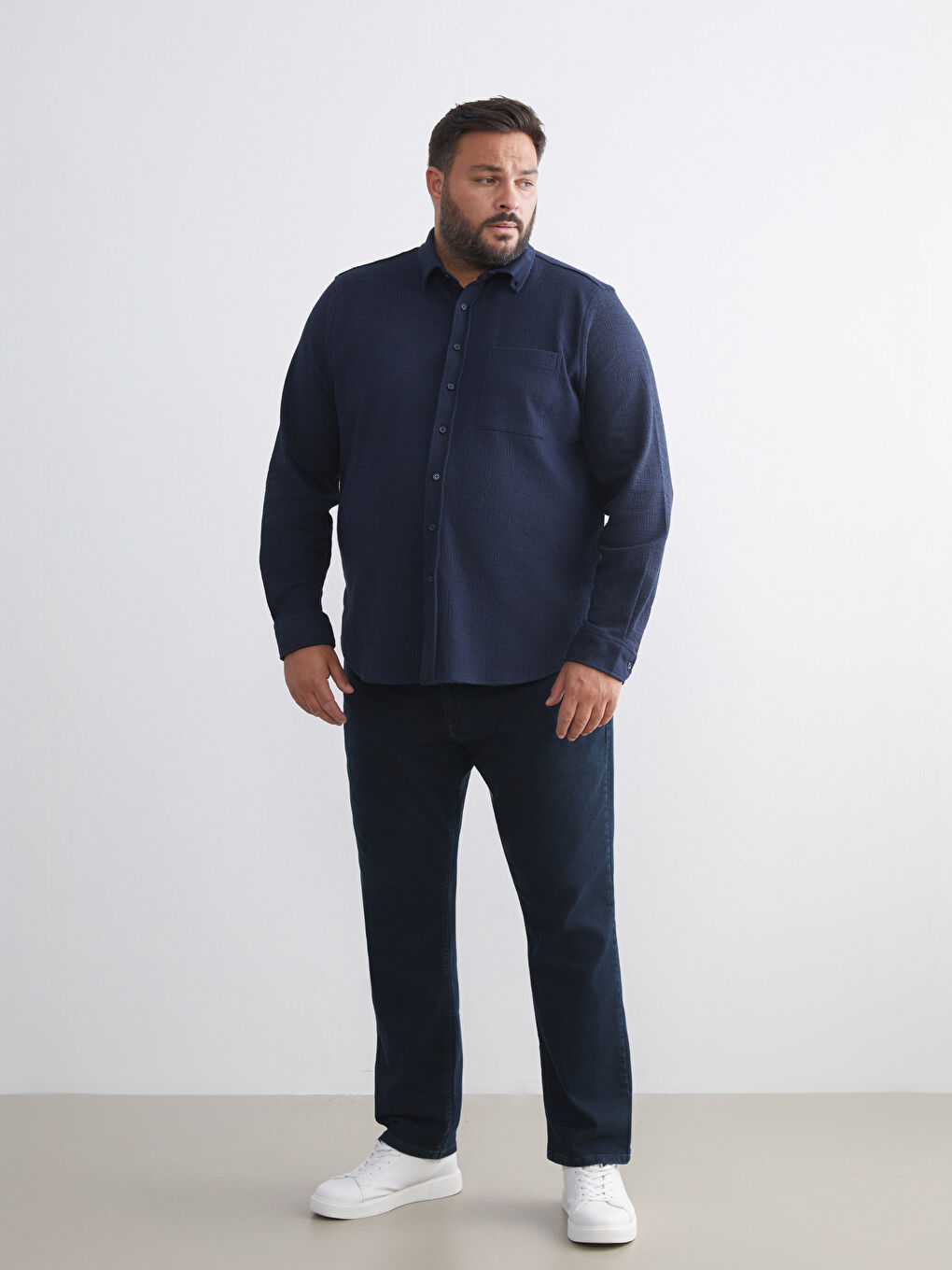 Lacivert Büyük Beden Dokulu Erkek Gömlek-1