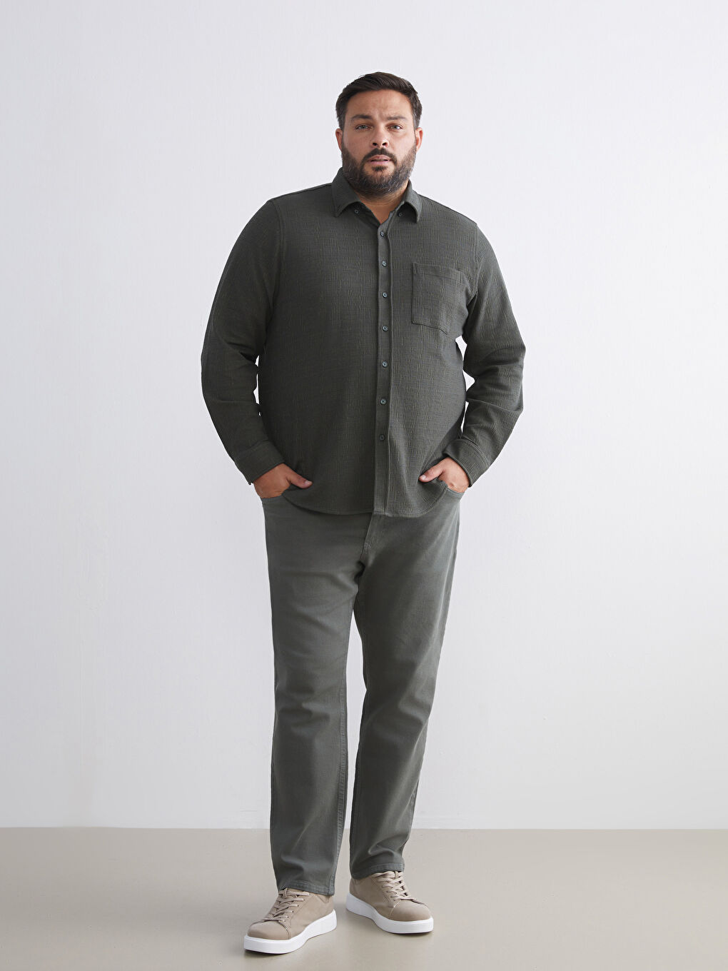 Haki Büyük Beden Dokulu Erkek Gömlek-1