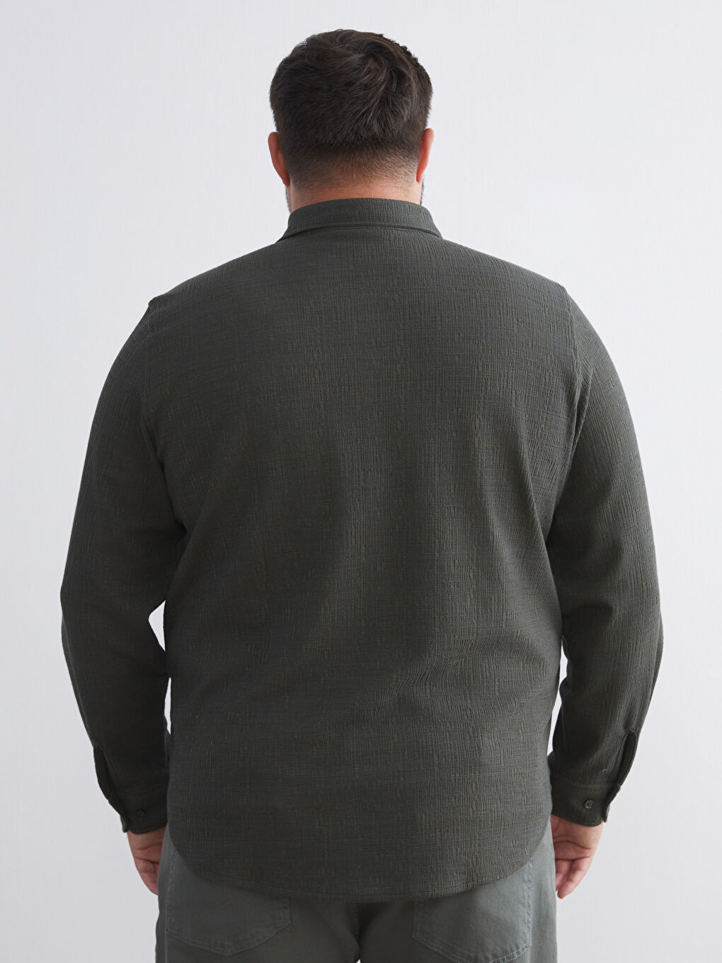 Haki Büyük Beden Dokulu Erkek Gömlek-3