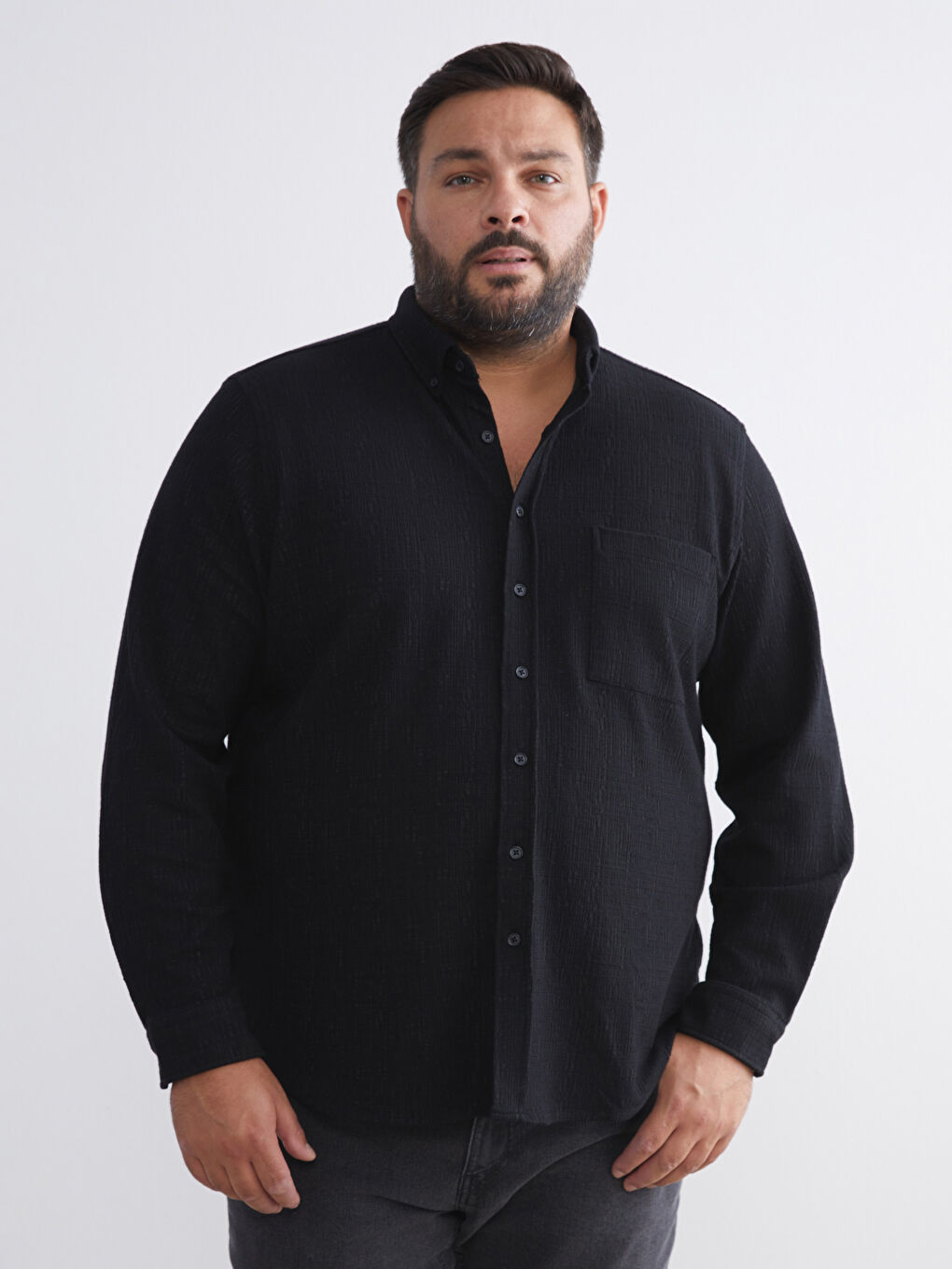 Siyah Büyük Beden Dokulu Erkek Gömlek