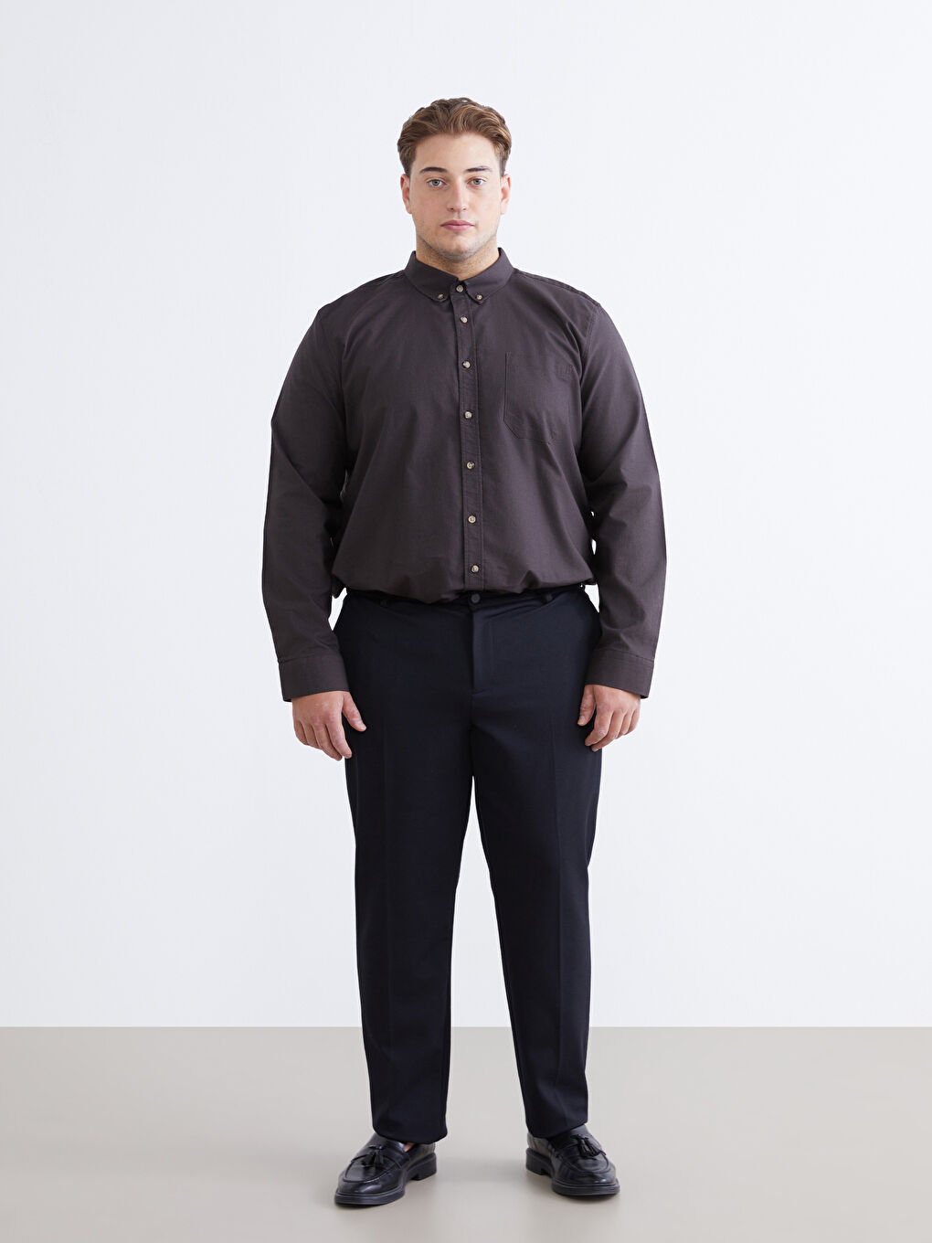 Kahverengi Büyük Beden Regular Fit Uzun Kollu Erkek Gömlek-1