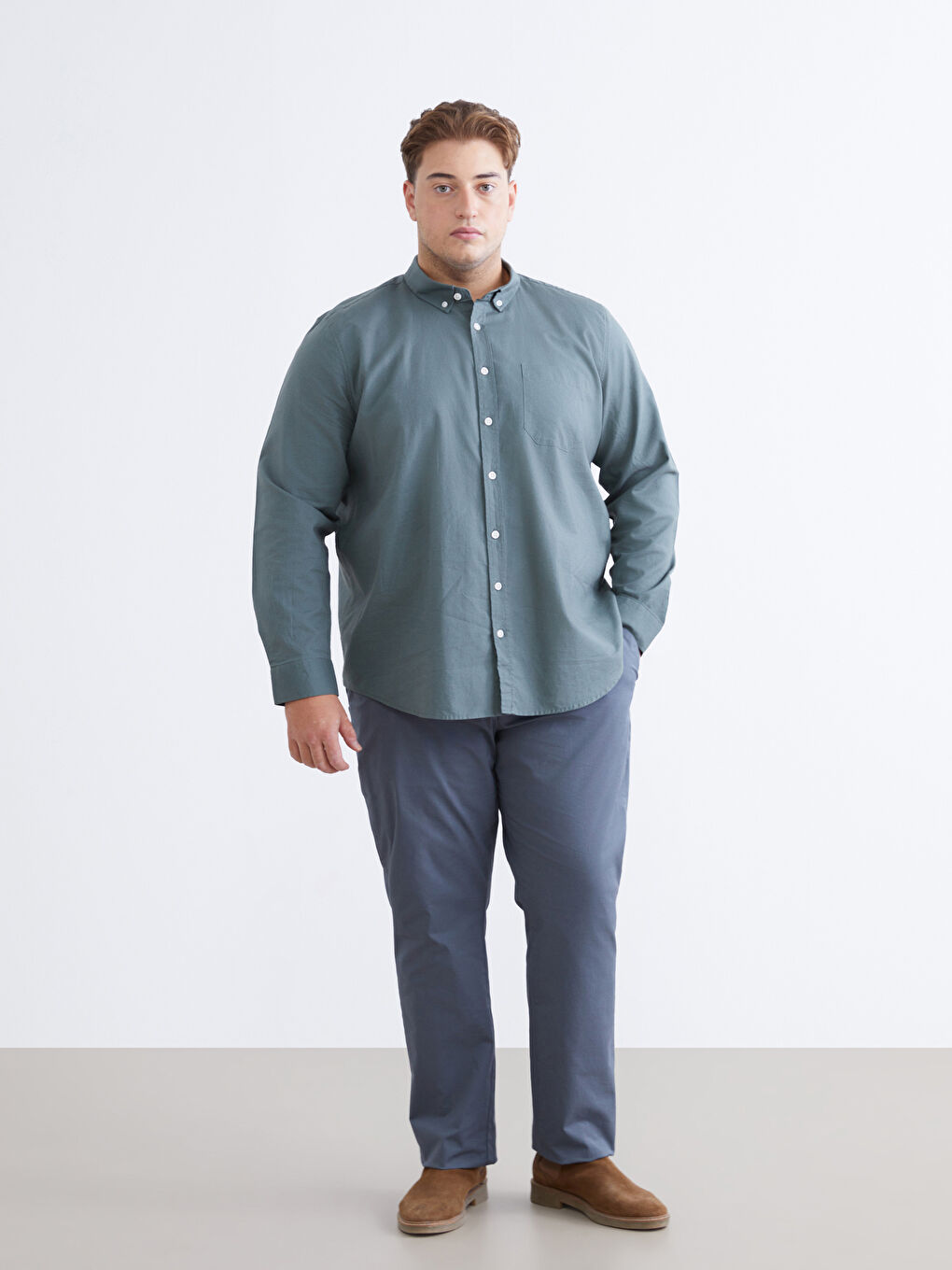 Yeşil Büyük Beden Regular Fit Uzun Kollu Erkek Gömlek-1