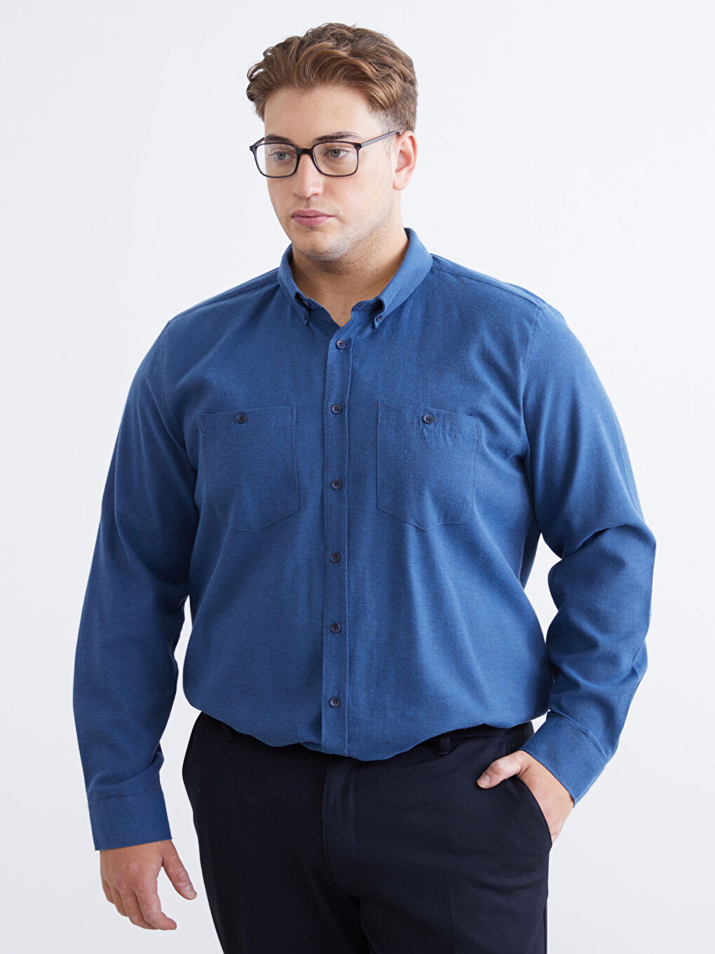 İndigo Büyük Beden Regular Fit Uzun Kollu Gabardin Erkek Gömlek