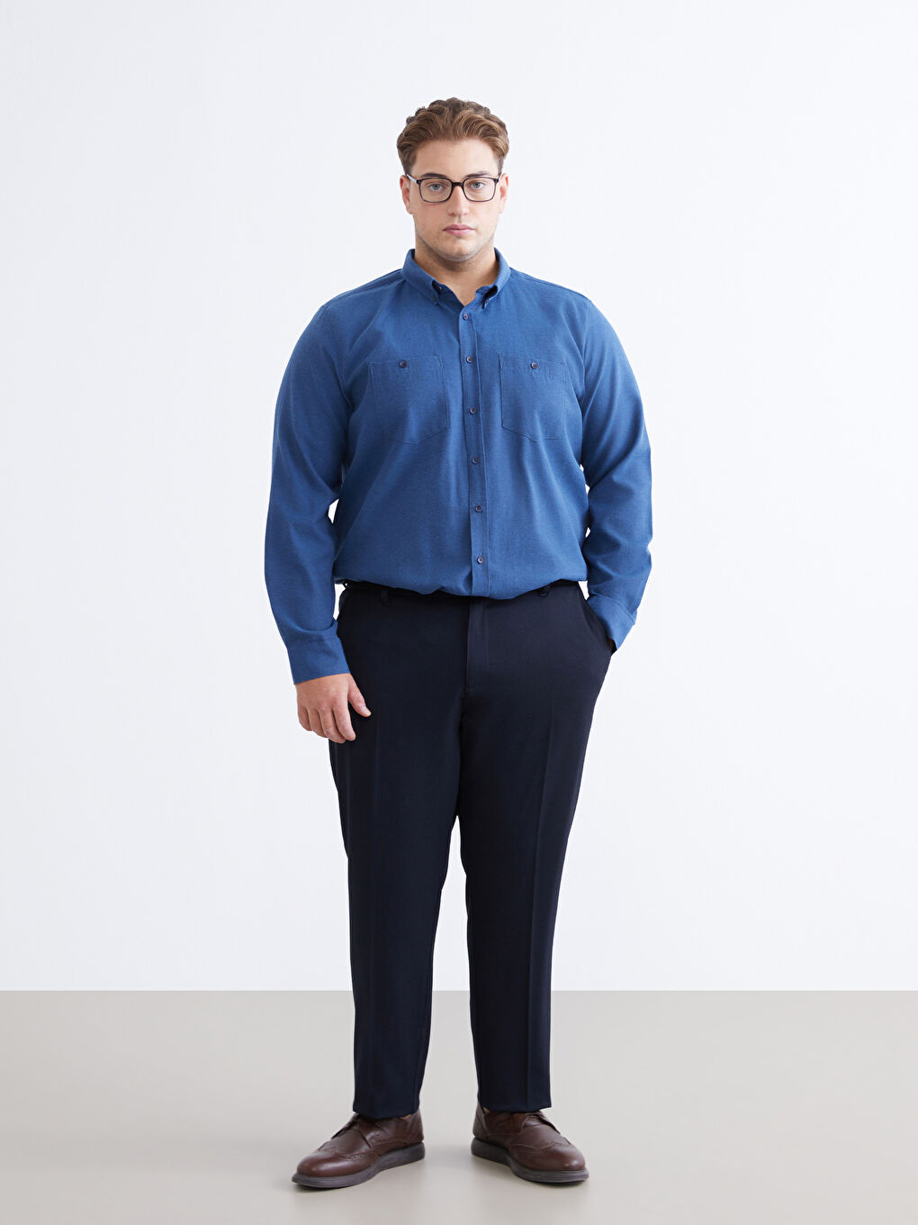 İndigo Büyük Beden Regular Fit Uzun Kollu Gabardin Erkek Gömlek-1