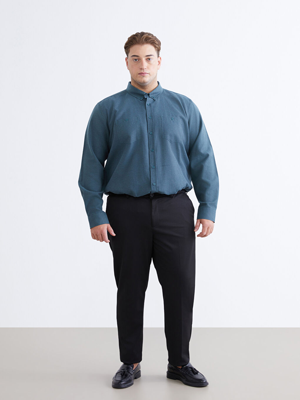 Yeşil Büyük Beden Regular Fit Uzun Kollu Gabardin Erkek Gömlek-1