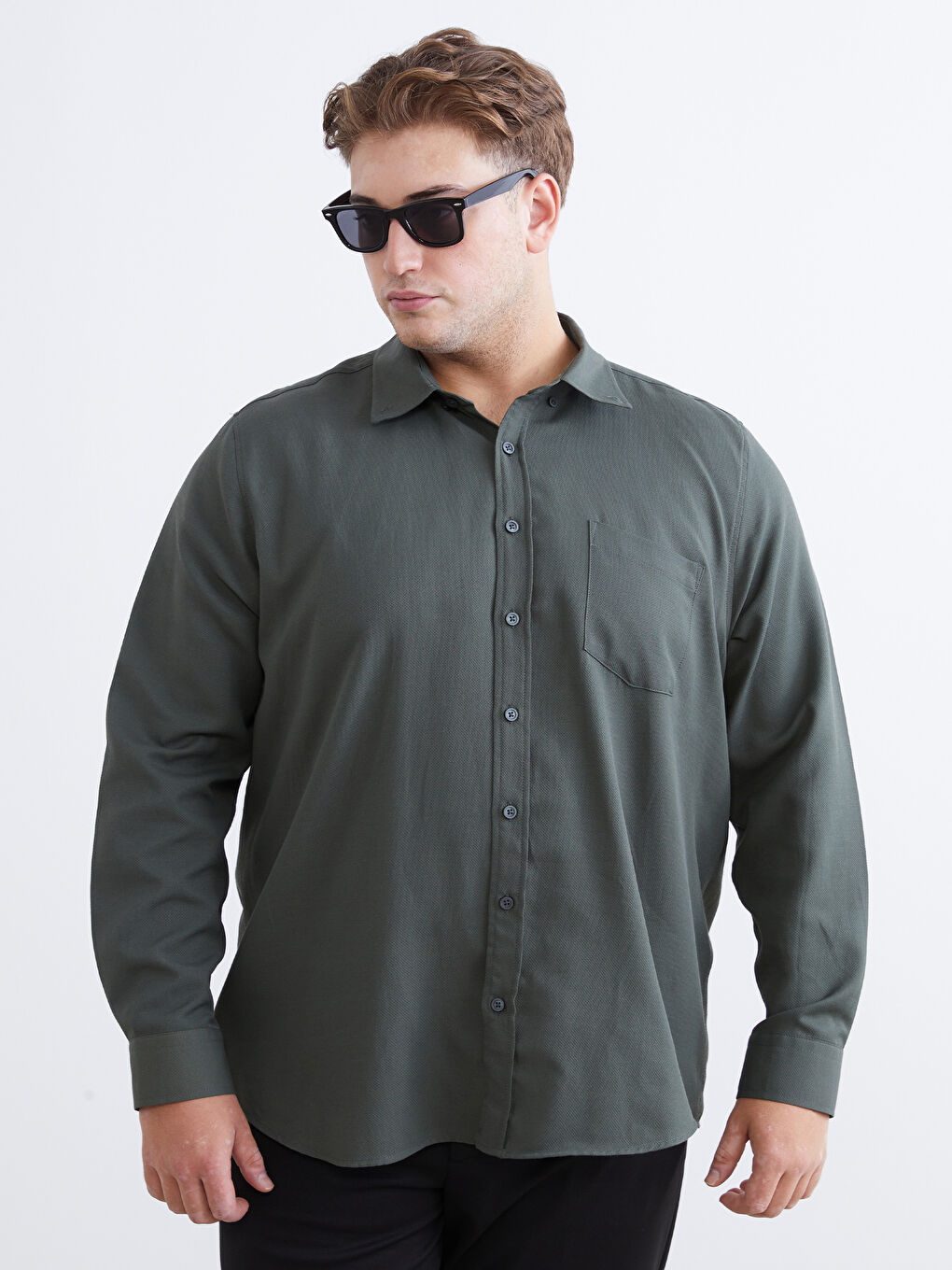 Haki Büyük Beden Armürlü Erkek Gömlek