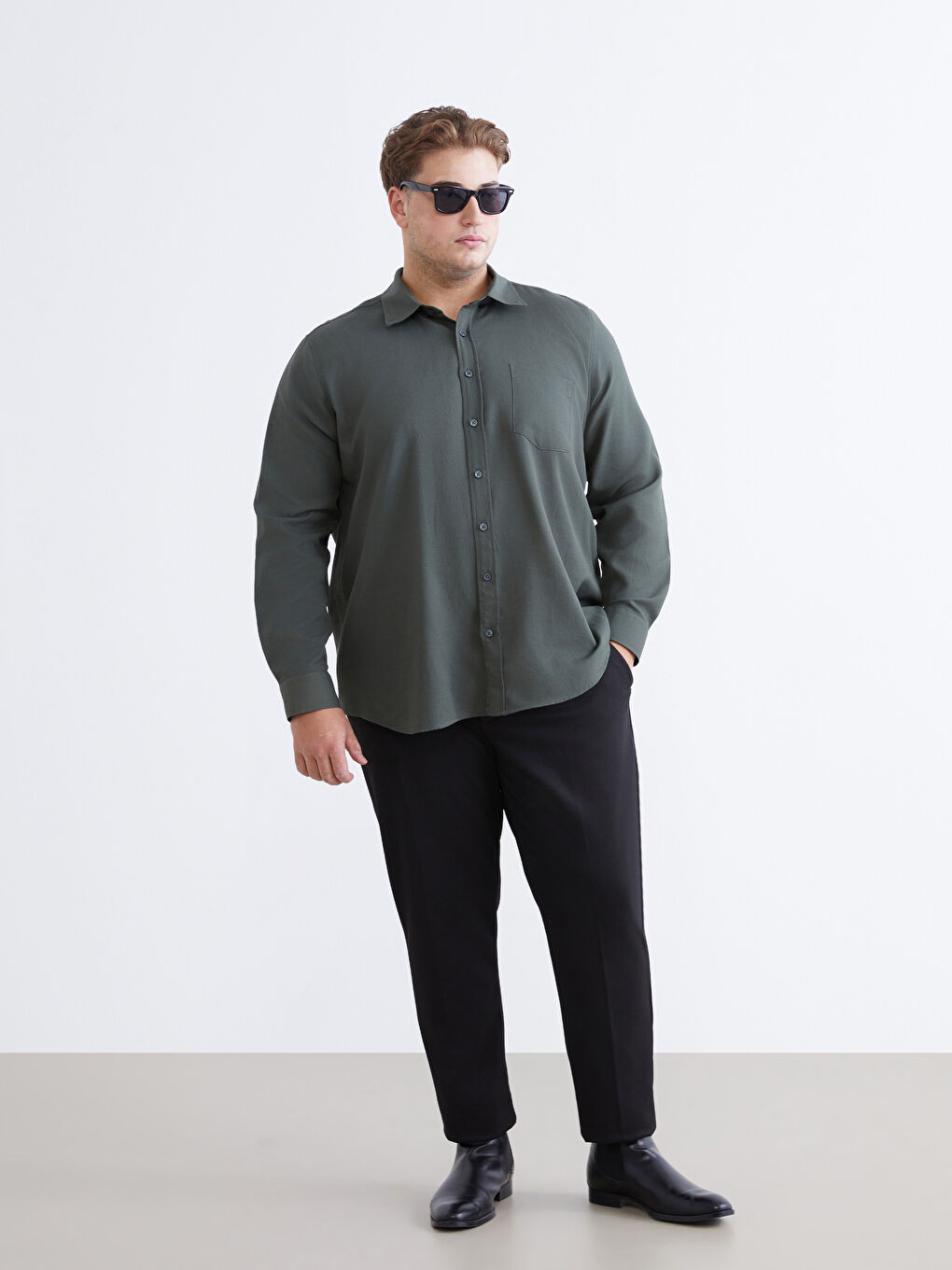 Haki Büyük Beden Armürlü Erkek Gömlek-1