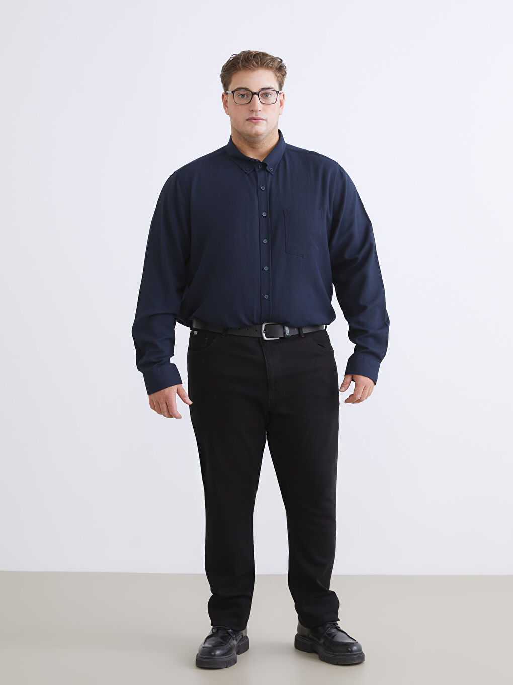 Lacivert Büyük Beden Armürlü Erkek Gömlek-4