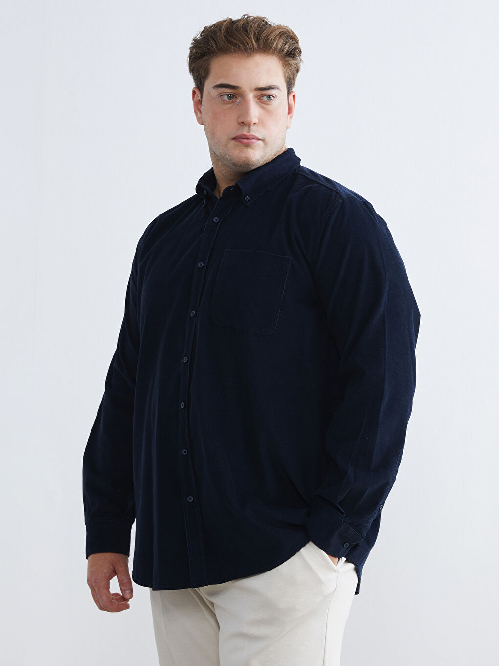 Lacivert Regular Fit Uzun Kollu Kadife Erkek Gömlek
