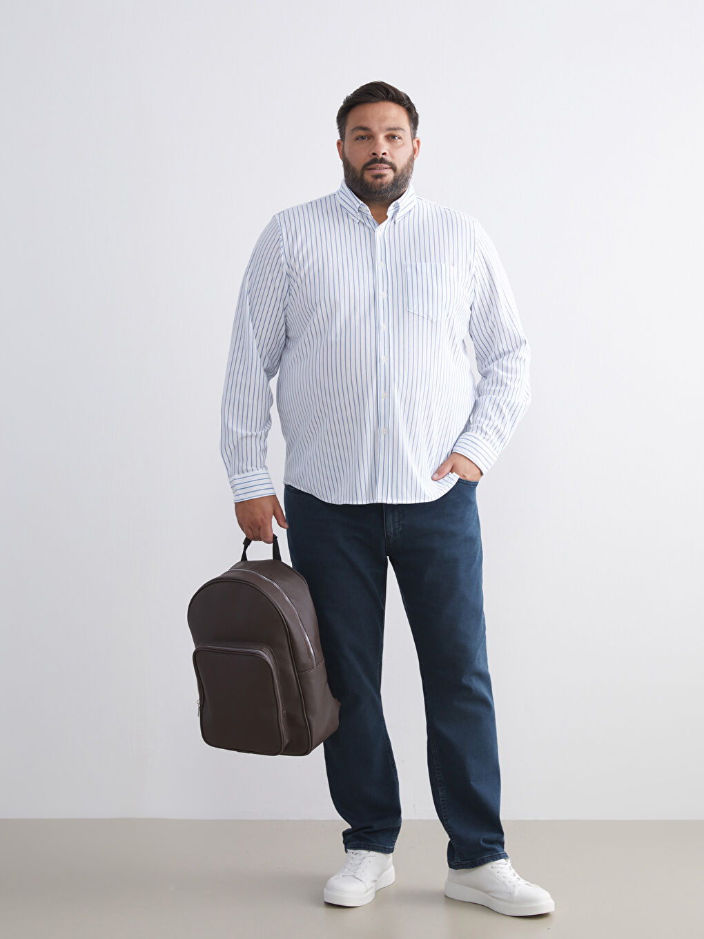 Lacivert Büyük Beden Uzun Kollu Çizgili Erkek Gömlek-1