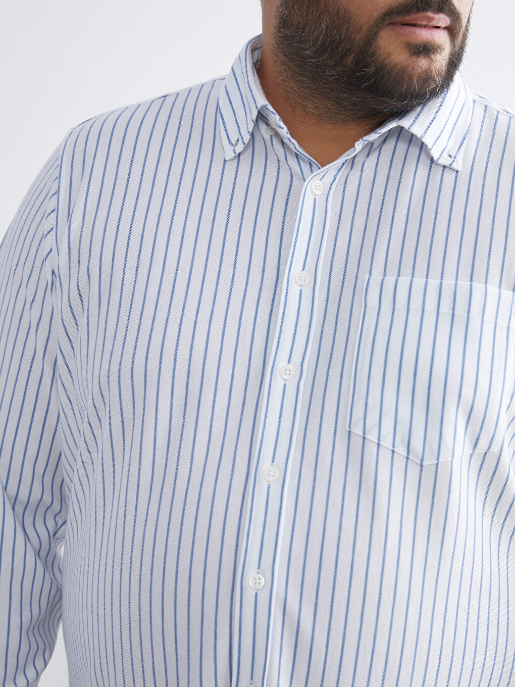 Lacivert Büyük Beden Uzun Kollu Çizgili Erkek Gömlek-2