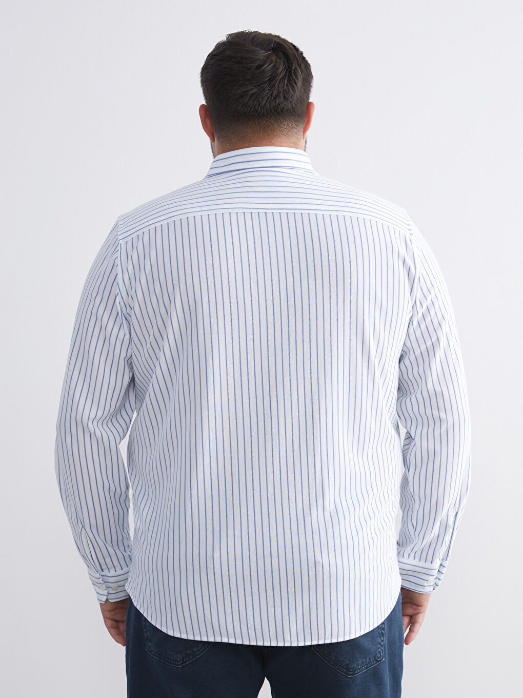 Lacivert Büyük Beden Uzun Kollu Çizgili Erkek Gömlek-3