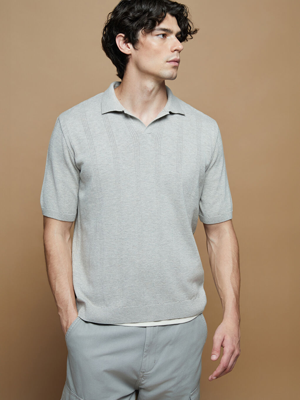 Polo Neck Short Sleeve Striped Men's Knitwear Sweater