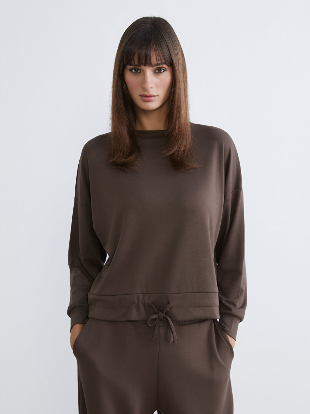 Kahverengi Bisiklet Yaka Büzgülü Kadın Sweatshirt