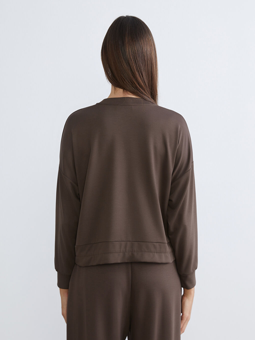 Kahverengi Bisiklet Yaka Büzgülü Kadın Sweatshirt-3
