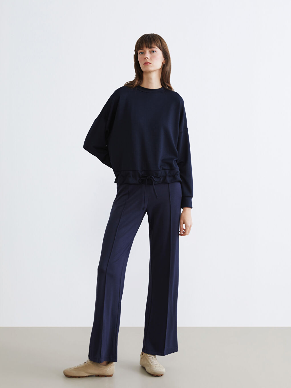 Lacivert Bisiklet Yaka Büzgülü Kadın Sweatshirt-1