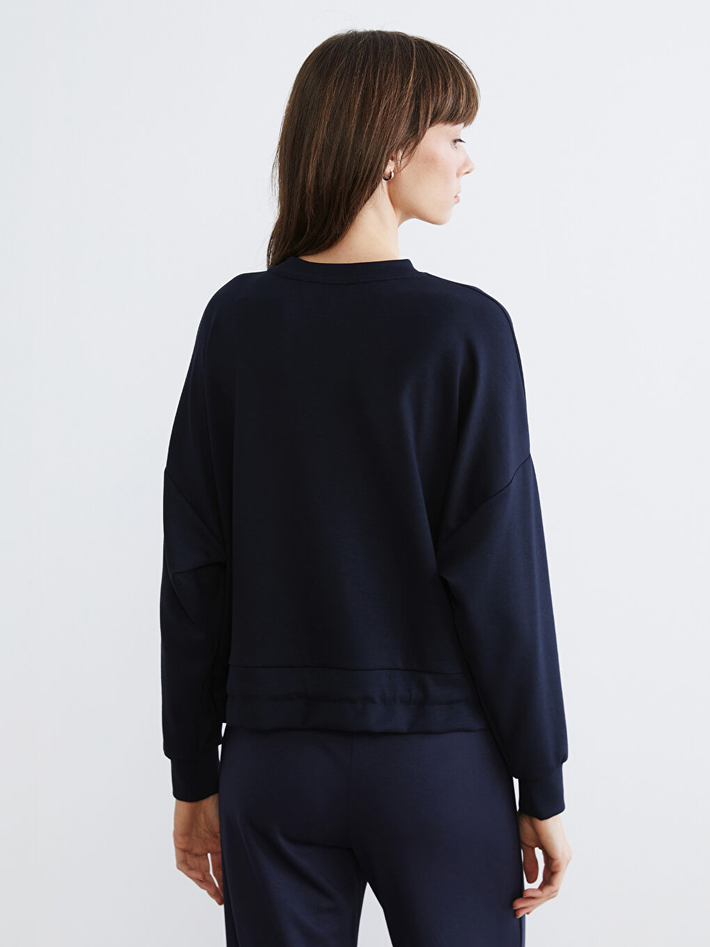 Lacivert Bisiklet Yaka Büzgülü Kadın Sweatshirt-3