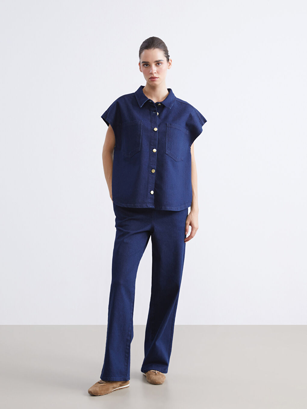 Lacivert Gömlek Yaka Kadın Jean Yelek-1