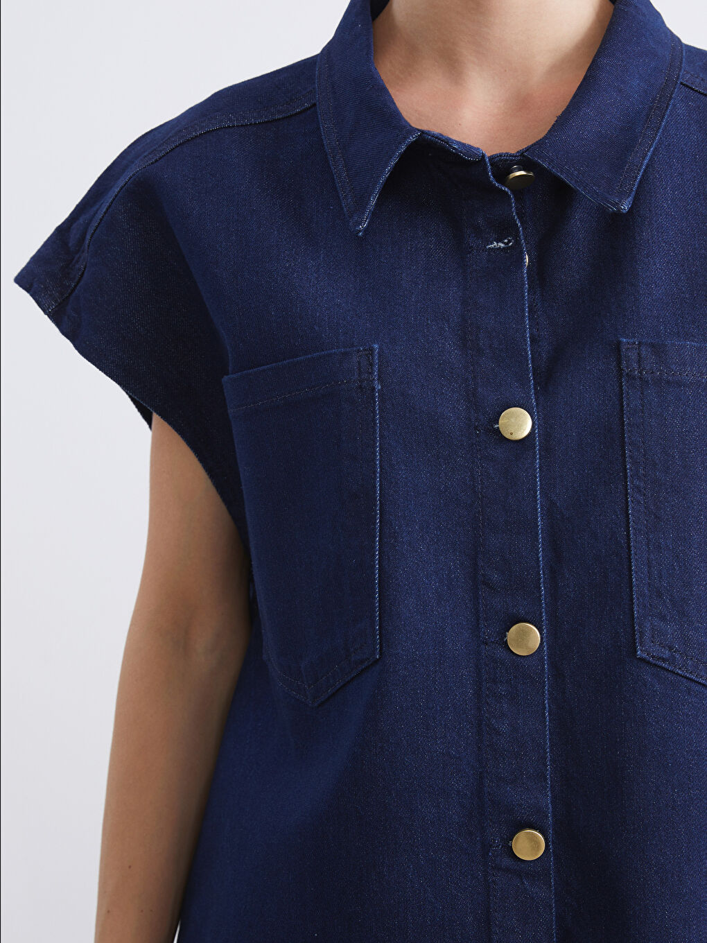 Lacivert Gömlek Yaka Kadın Jean Yelek-2