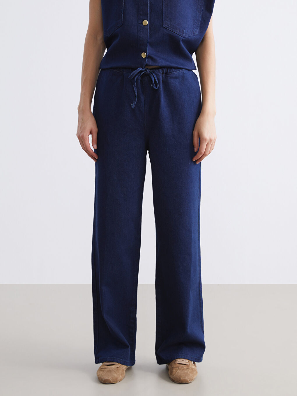 Lacivert Beli Lastikli Kadın Jean Pantolon-1