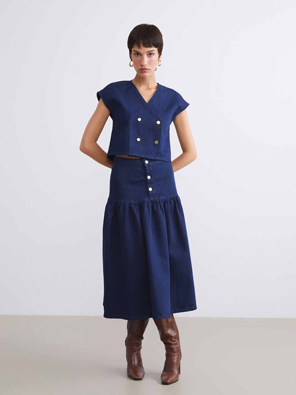 Lacivert Kruvaze Yaka Crop Kadın Jean Yelek-1