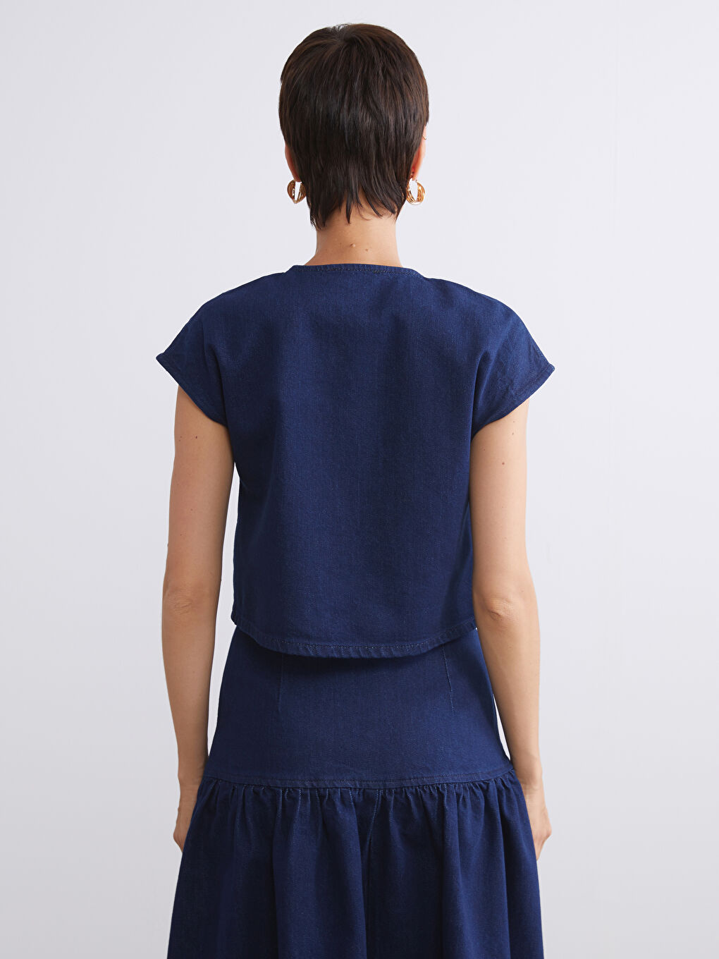 Lacivert Kruvaze Yaka Crop Kadın Jean Yelek-3