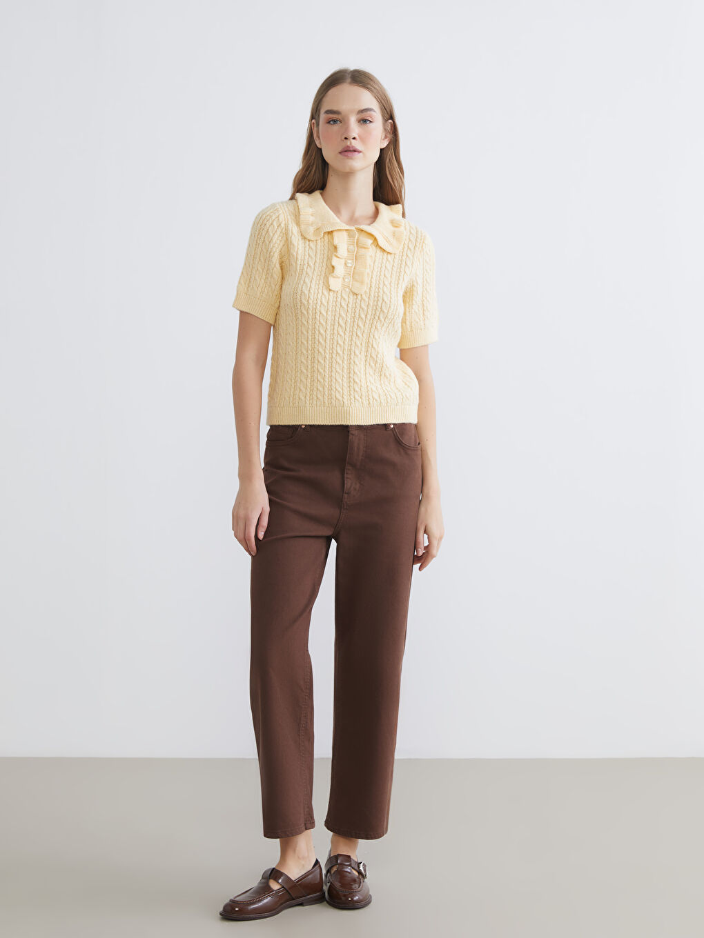 Sarı Polo Yaka Kendinden Desenli Kadın Triko Kazak-1