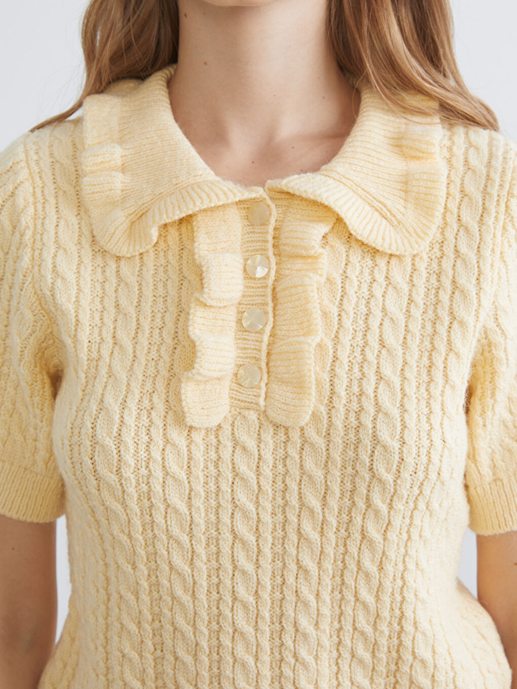 Sarı Polo Yaka Kendinden Desenli Kadın Triko Kazak-2