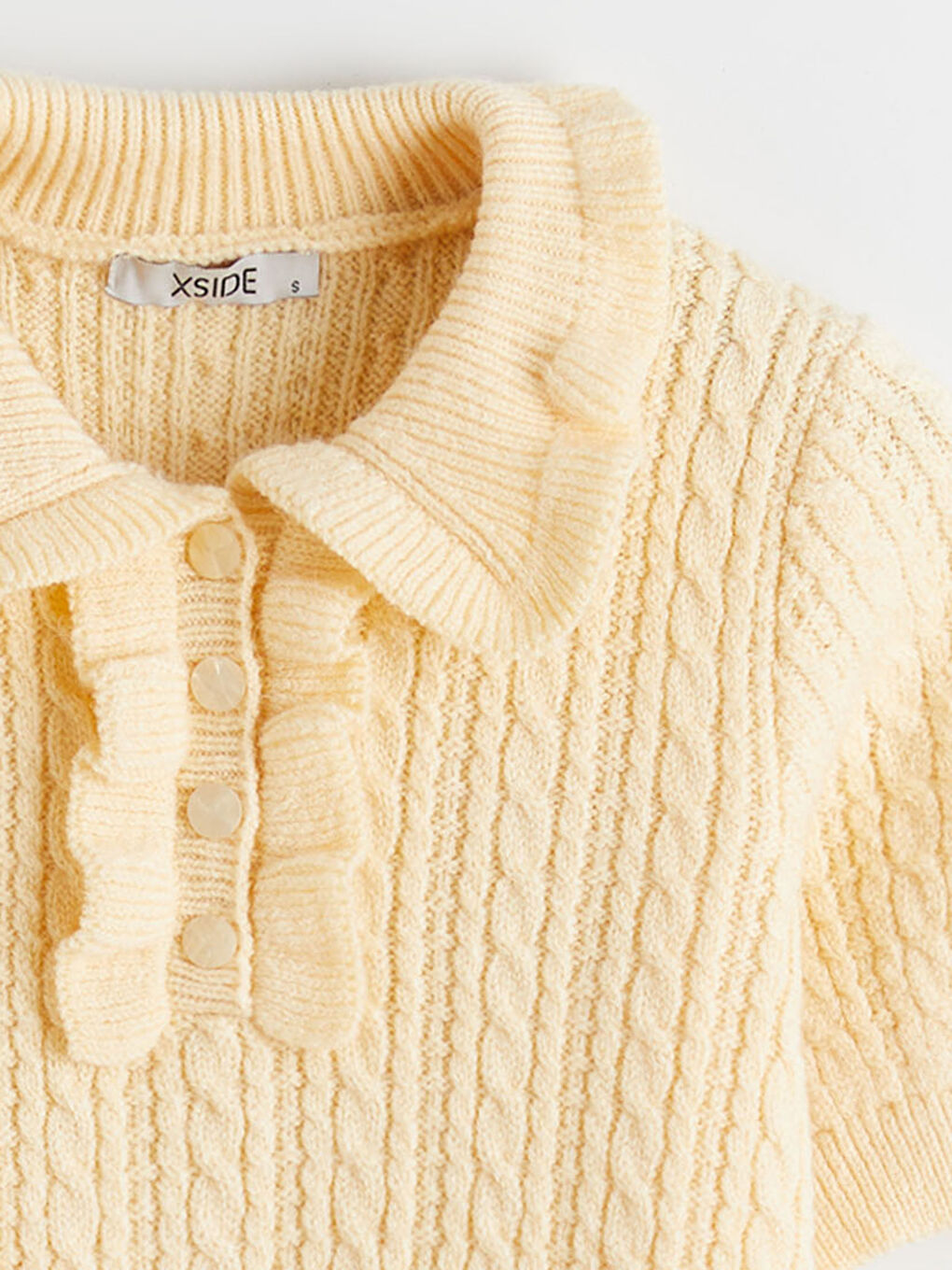 Sarı Polo Yaka Kendinden Desenli Kadın Triko Kazak-4