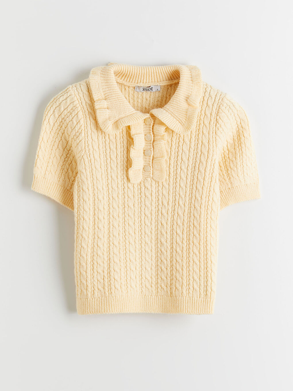 Sarı Polo Yaka Kendinden Desenli Kadın Triko Kazak-5