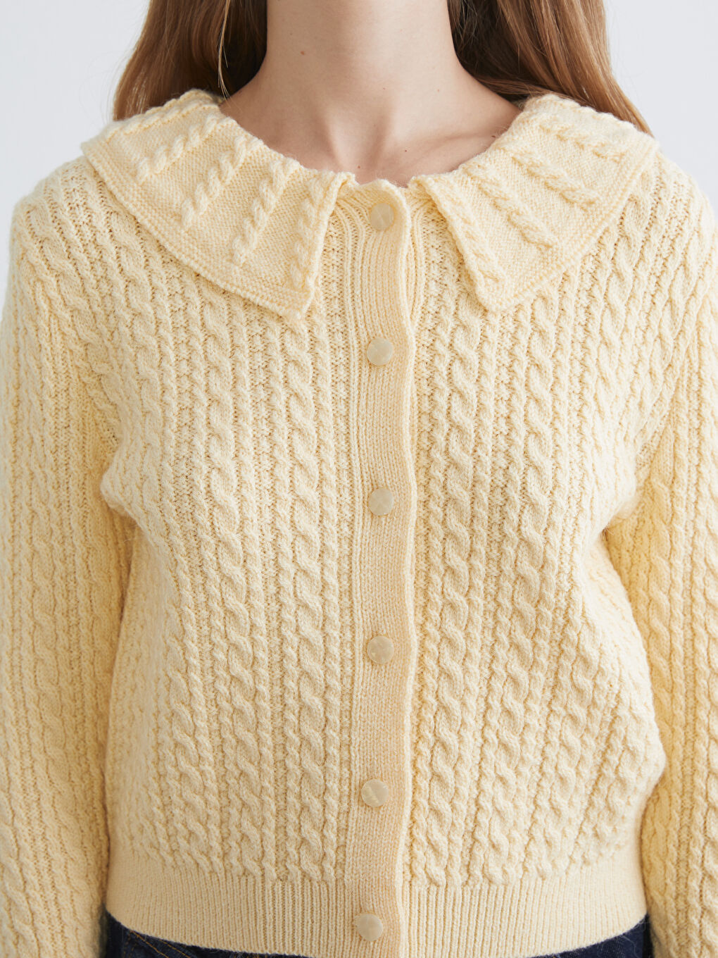 Sarı Bebe Yaka Kendinden Desenli Kadın Triko Hırka-2