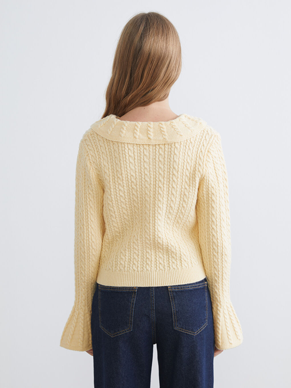 Sarı Bebe Yaka Kendinden Desenli Kadın Triko Hırka-3