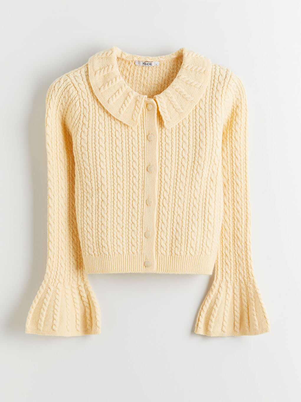 Sarı Bebe Yaka Kendinden Desenli Kadın Triko Hırka-4