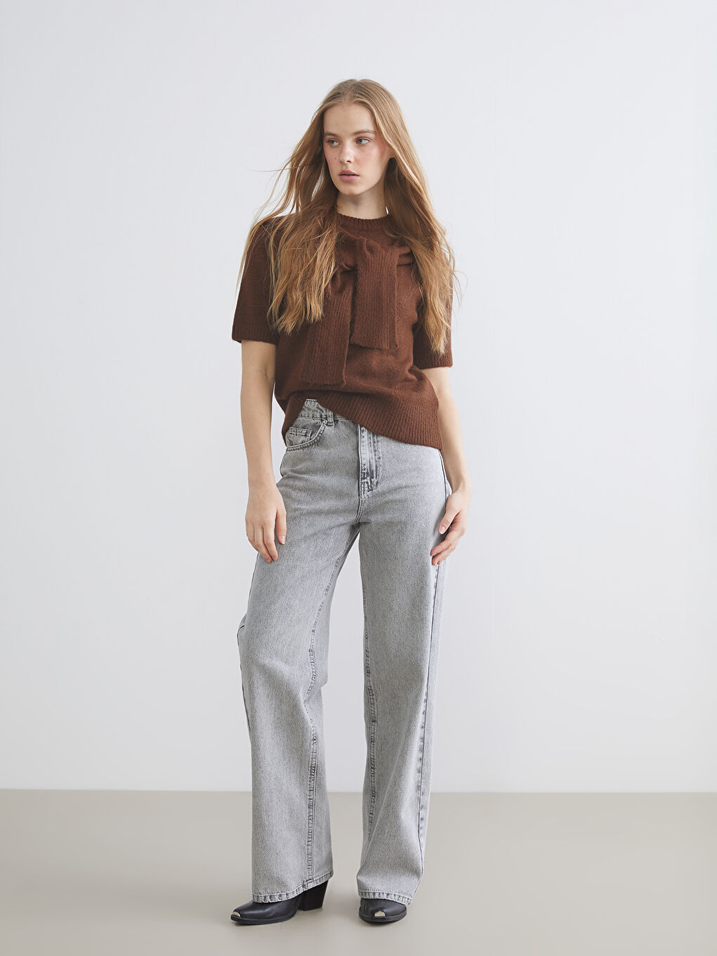 Kahverengi Bağlama Detaylı Bisiklet Yaka Kadın Triko Kazak-1