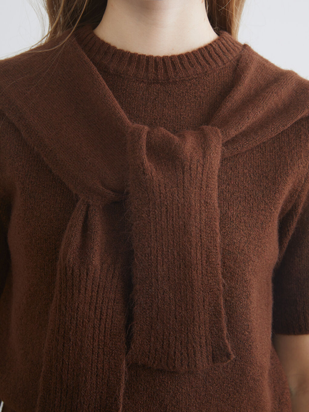 Kahverengi Bağlama Detaylı Bisiklet Yaka Kadın Triko Kazak-2