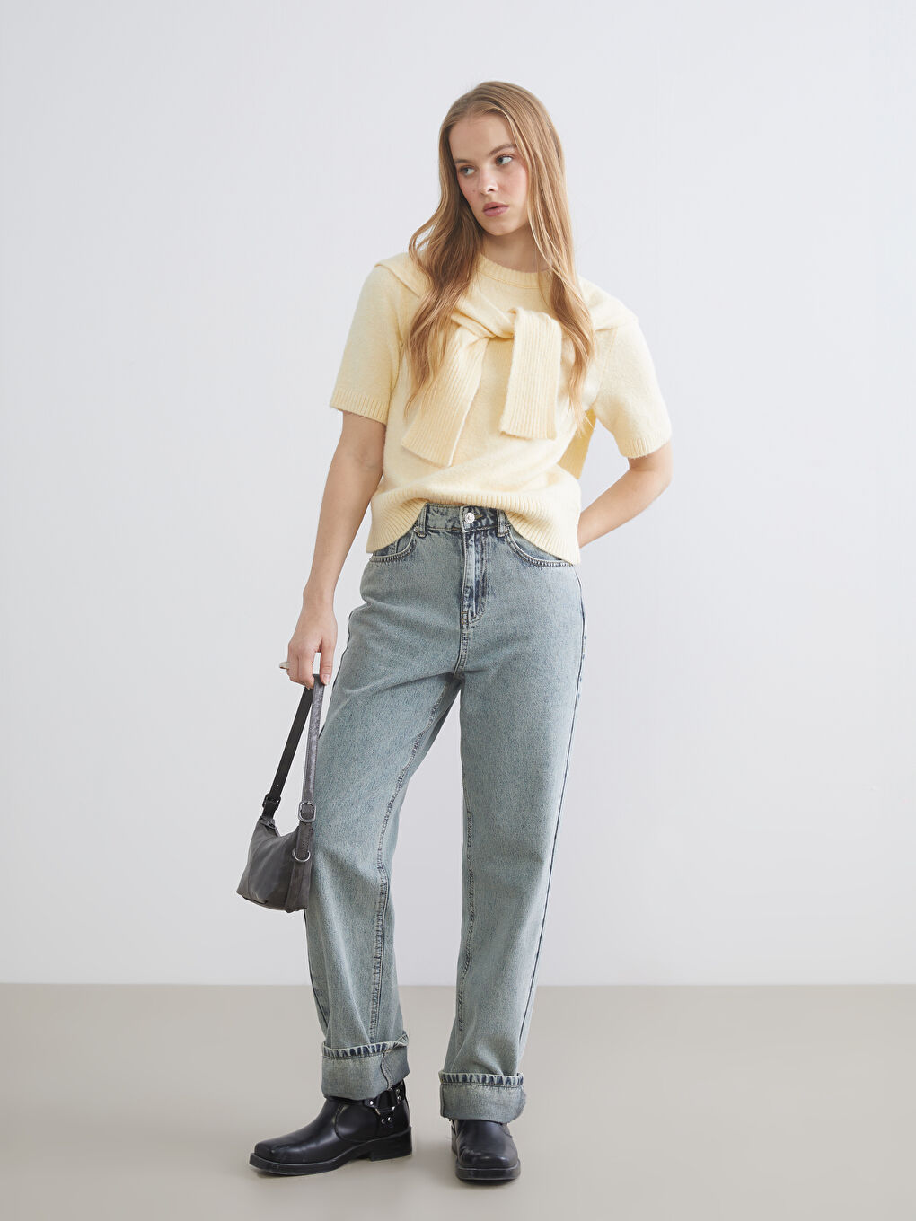 Sarı Bağlama Detaylı Bisiklet Yaka Kadın Triko Kazak-1