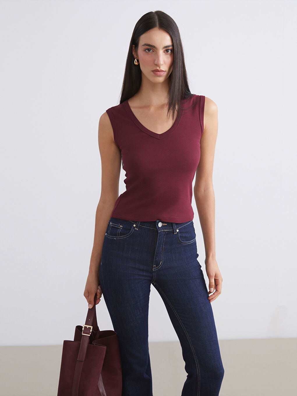 Bordo V Yaka Kadın Atlet 2'li-2