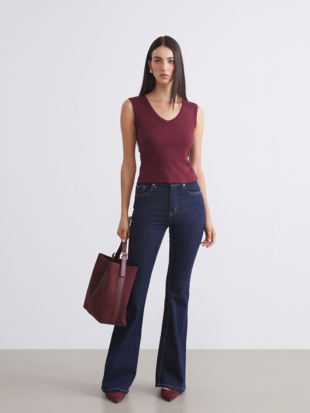 Bordo V Yaka Kadın Atlet 2'li-3